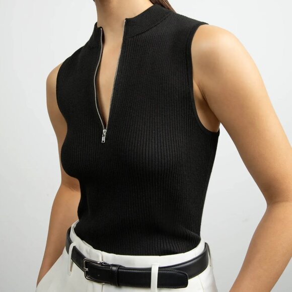 OAK+FORT Sleeveless Mock Neck Half-Zip Sweater in Black Size XS (NWOT) - Picture 2 of 6